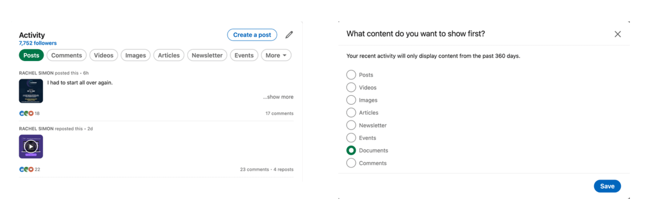 This is a screenshot from LinkedIn that shows how to select which content type to highlight.